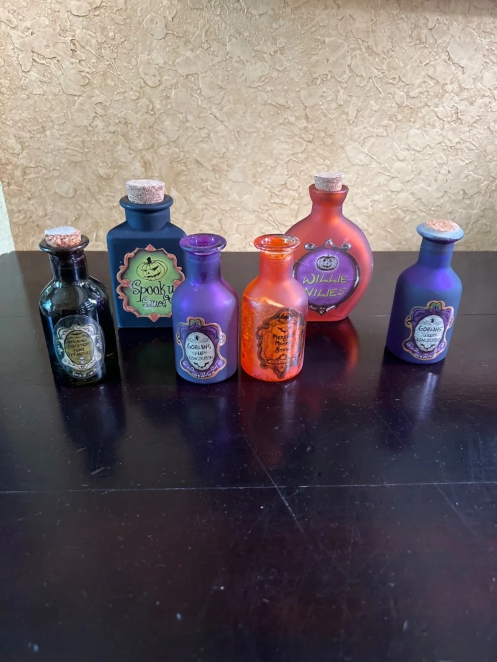 0010 Six-piece Halloween witch’s apothecary and potion bottle décor lot